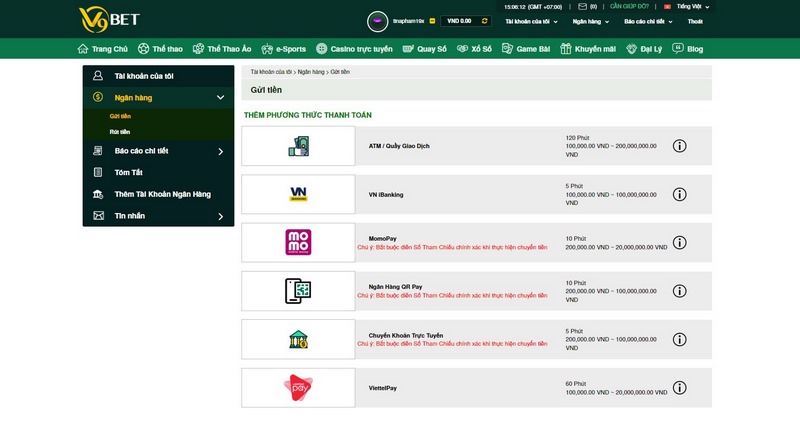 Chia sẻ cách nạp tiền V9BET và rút tiền siêu tốc chỉ mất 1 phút 1 Phương Thức Thanh Toán Nạp Tiền V9Bet Đang Có